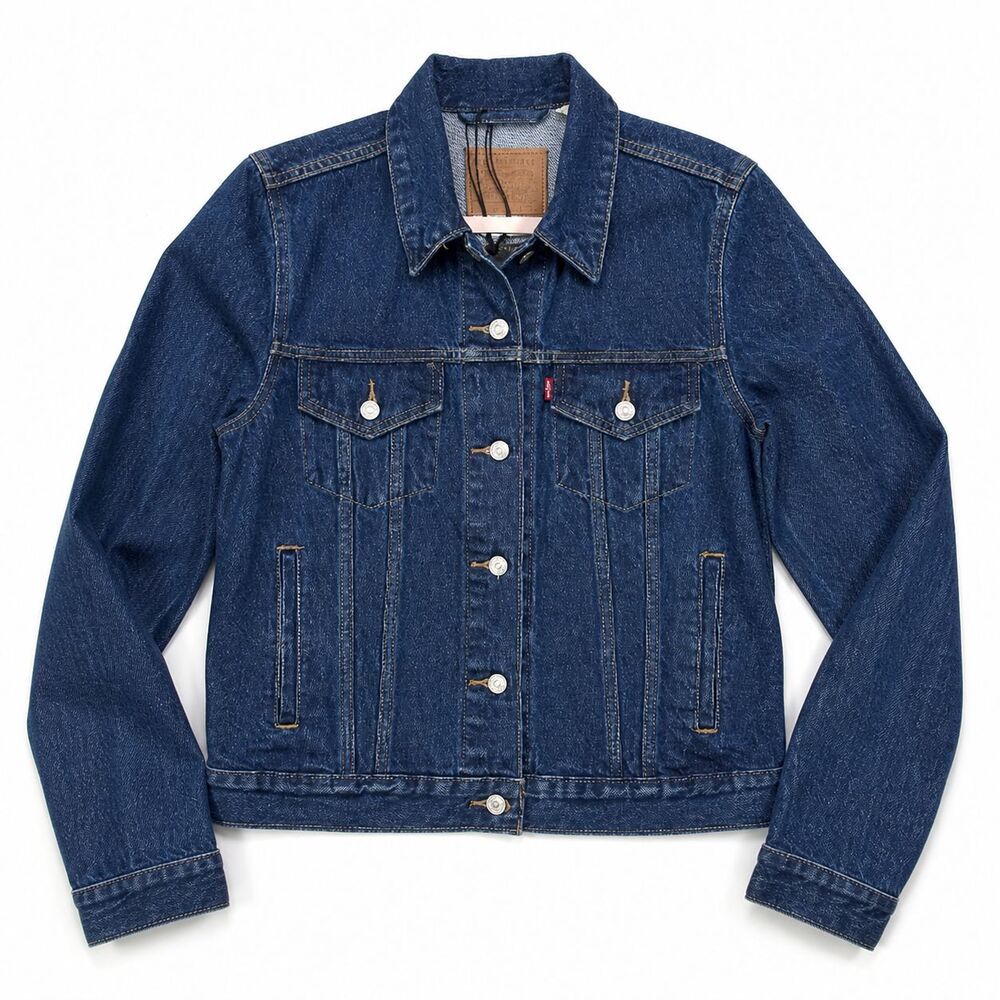 Levi’s Premium Big E Denim Trucker Jacket Women Large Dark Wash Blue Jean Classi